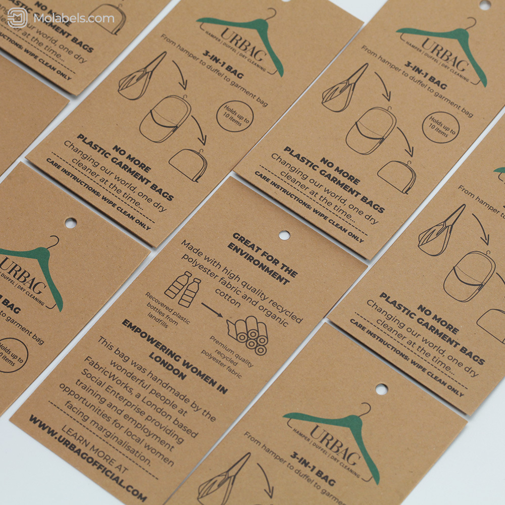 Recycled paper hang tags for bags