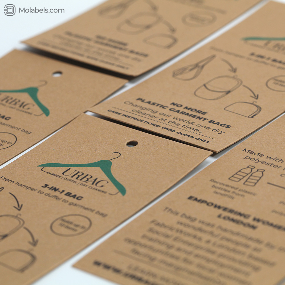 Recycled paper hang tags for bags