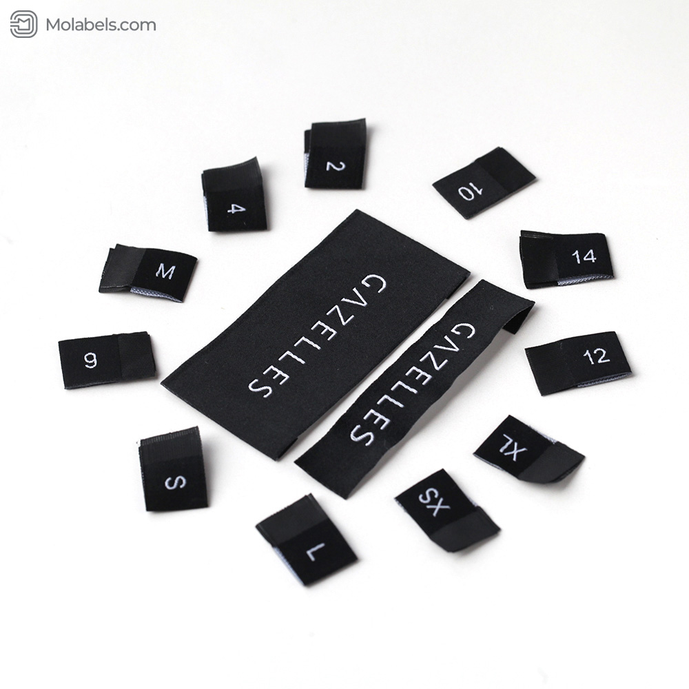 Black woven size labels for clothing